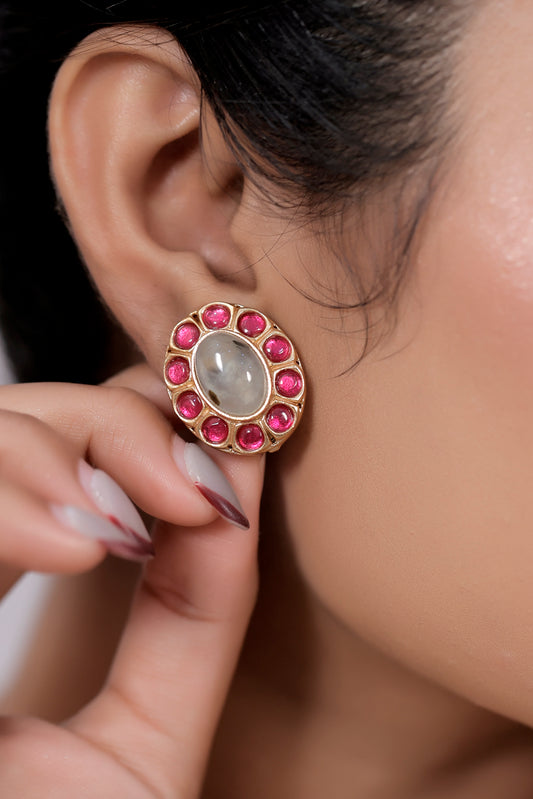 ad kundan oval stud earrings with semi precious stones