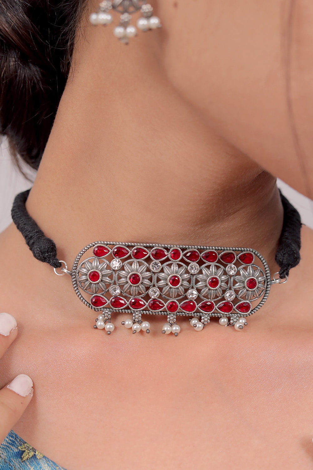 oxidised red necklace earrings