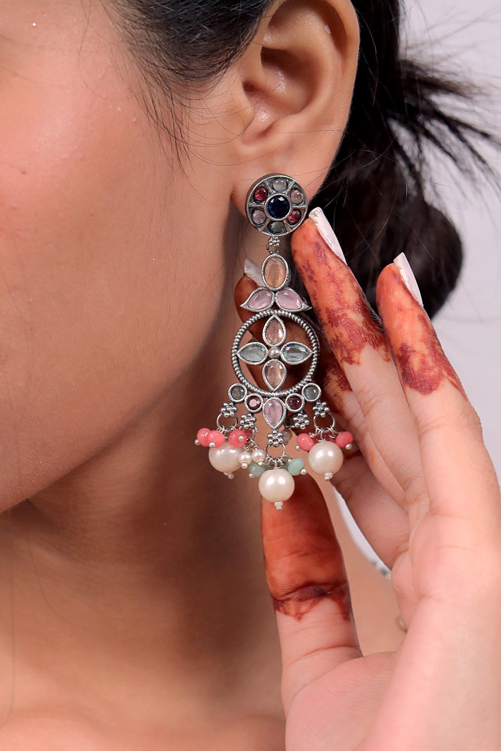 tribal long necklace studded stone earrings set trlnes221237