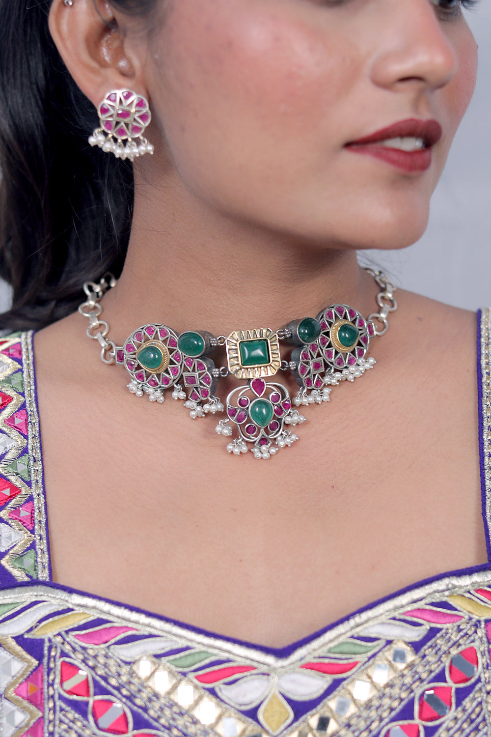 Tribal choker necklace earrings set trchnes230438