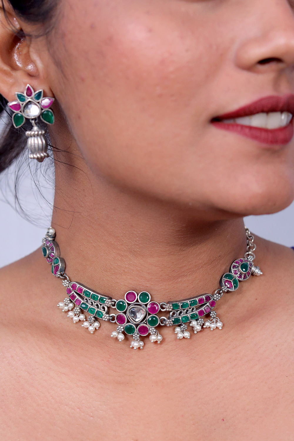 Tribal choker necklace earrings set trchnes230488