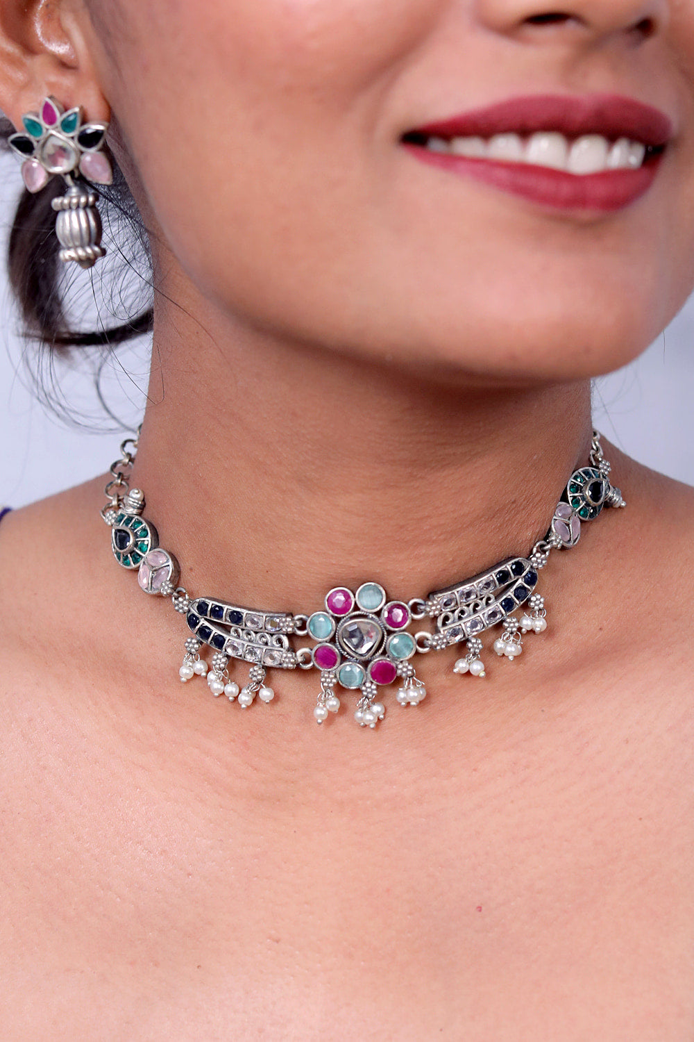 Tribal choker necklace earrings set trchnes230488