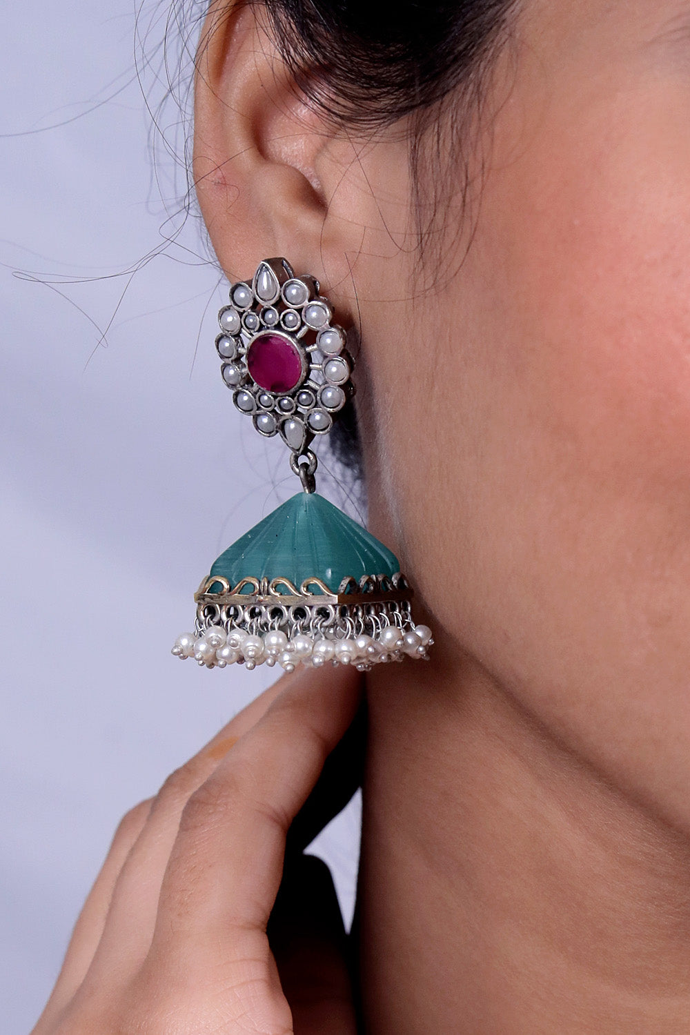 pearl mint jhumka earrings