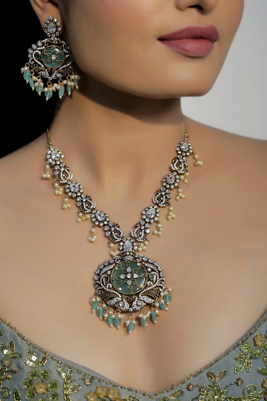 ad zirconia victorian kundan Choker Necklace Earrings Set