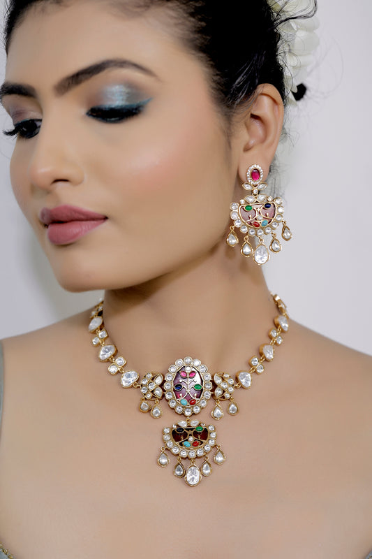 Multicolour Gold Plated Contemporary Necklace set jadau Long Necklace Earrings klnes240349