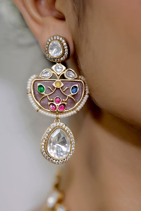 Multicolour Gold Plated Contemporary Necklace set jadau Long Necklace Earrings klnes240348