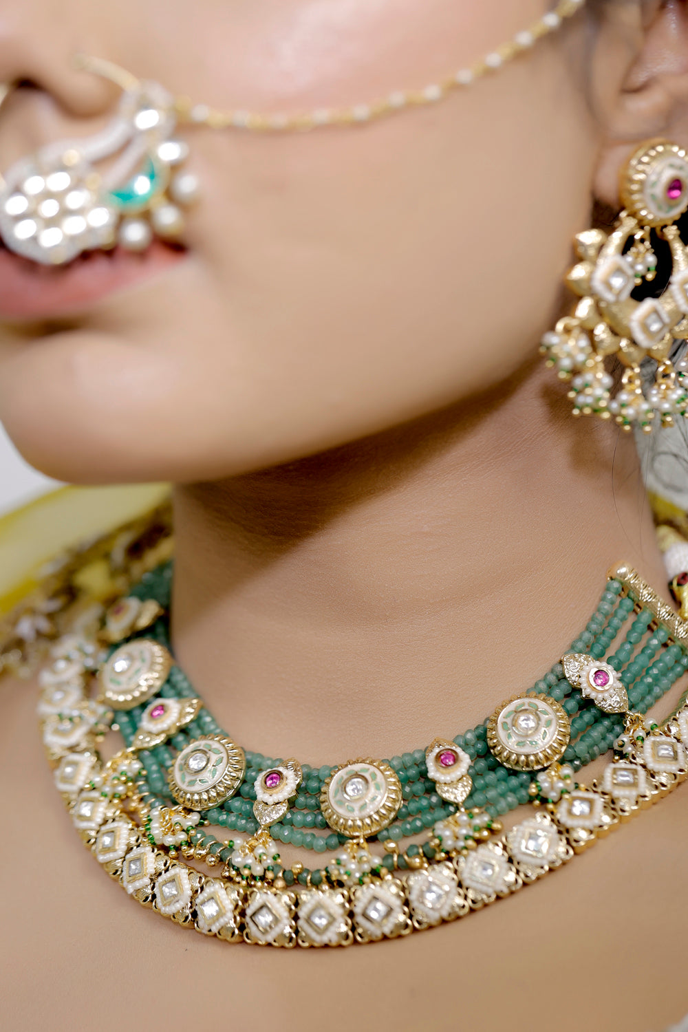 Temple kundan Meena Necklace Earrings Set