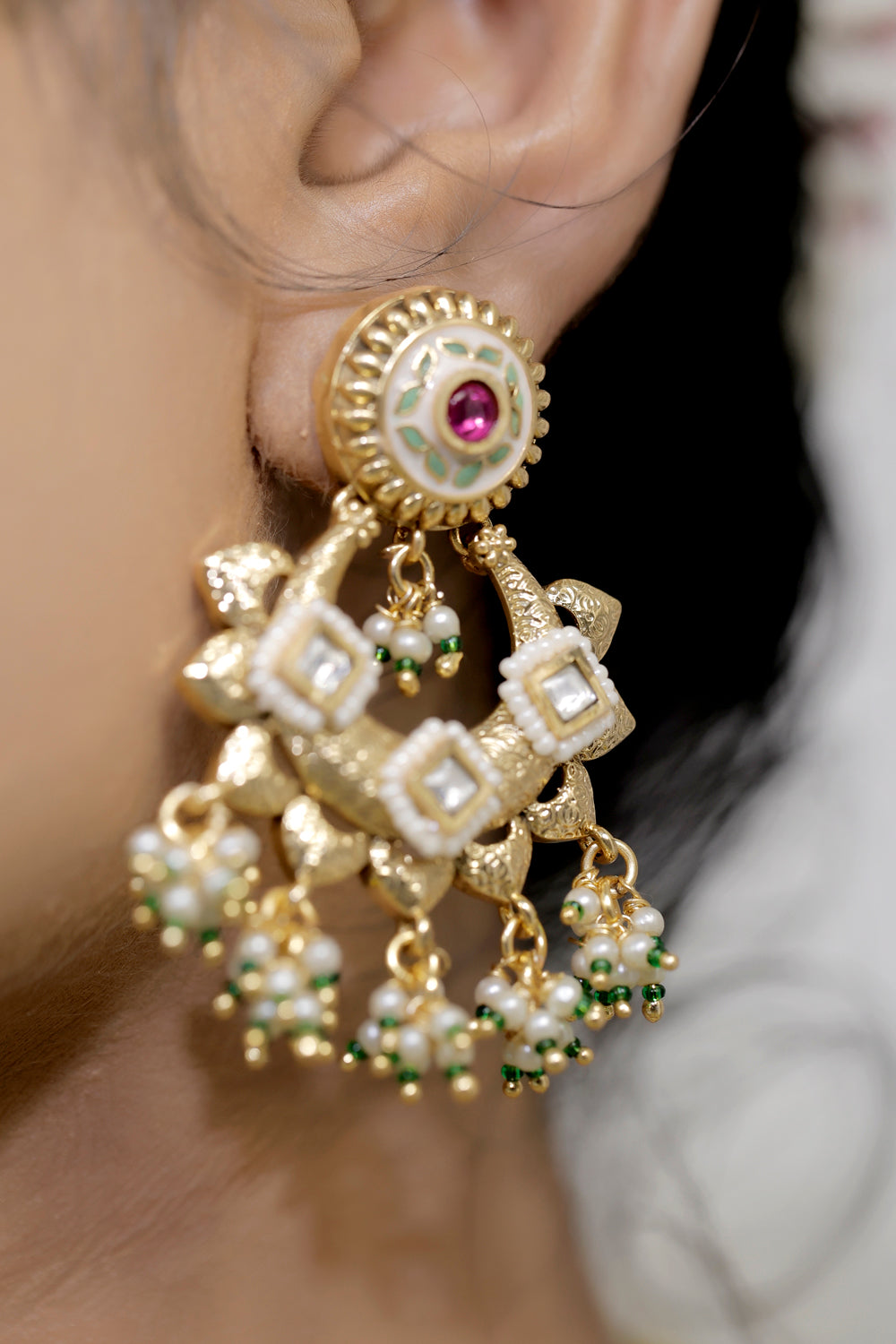 Temple kundan Meena Necklace Earrings Set