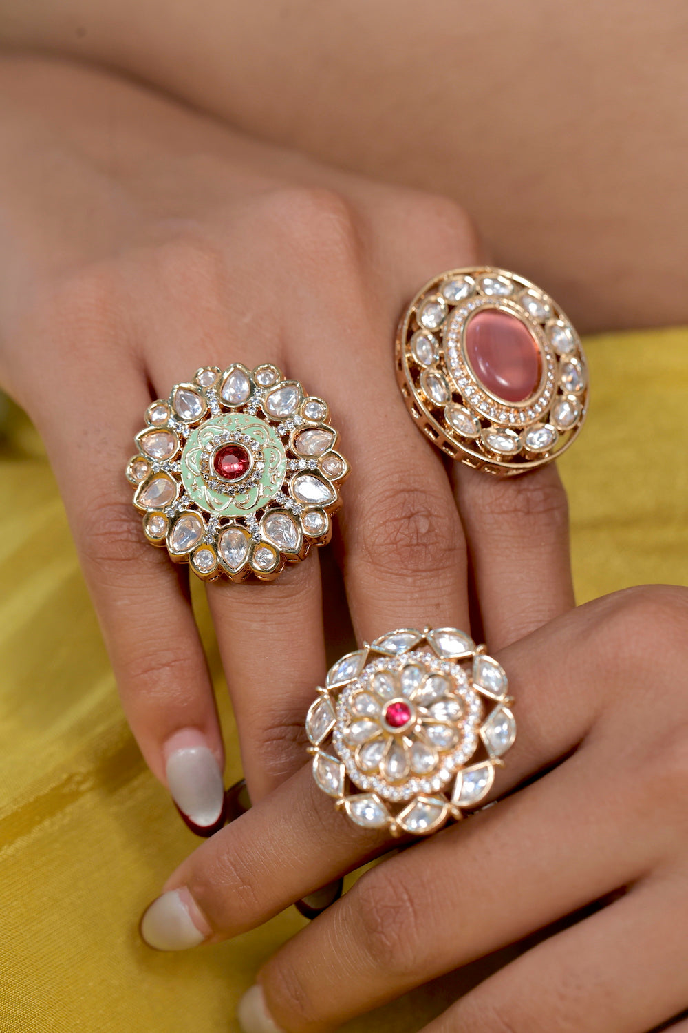 mint ruby kundan Meena cocktail ring