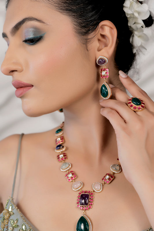 semi precious cz kundan long set