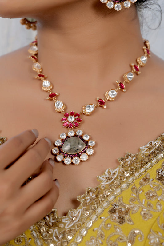 cz pota ruby moissanite kundan phrenite semi precious stone long necklace with drop earrings