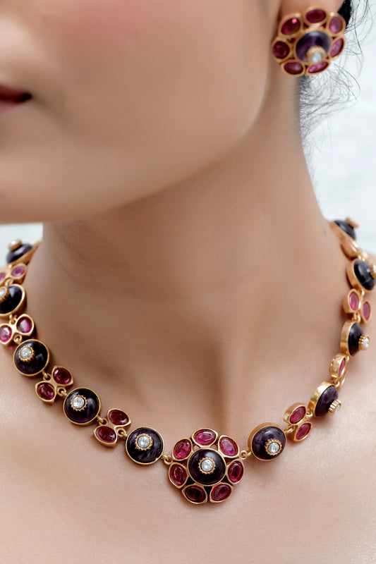amethyst pota ruby semi precious choker with stud earrings indian jewellery contemporary statement