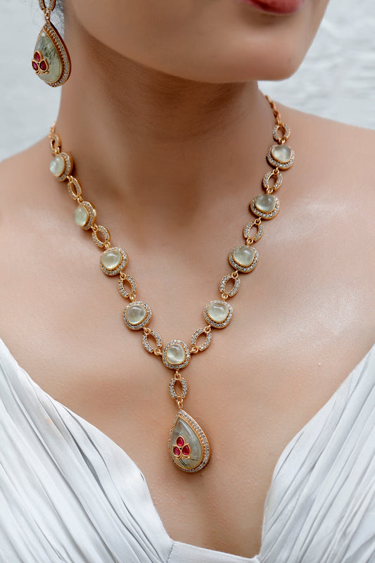 stone moissanite kundan inlay work long necklace with prehnite and pota ruby with drop earrings