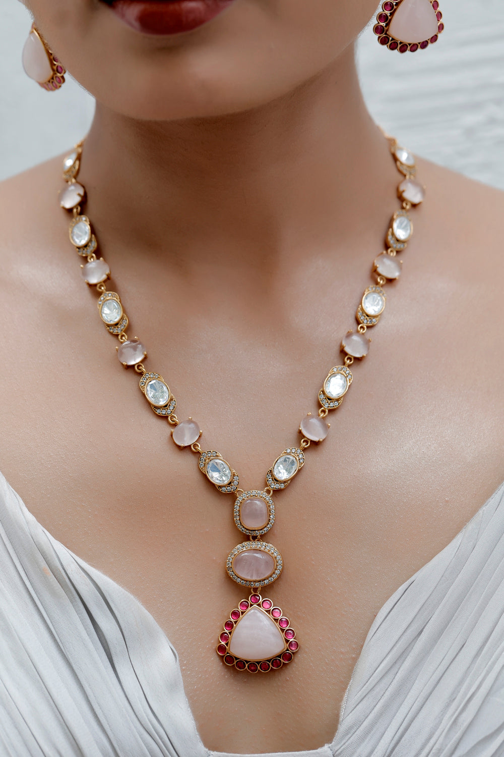 semi precious multi colour rose quarts, cubic zirconia and moissanite studded long necklace with drop earrings contemporary statement jewelry