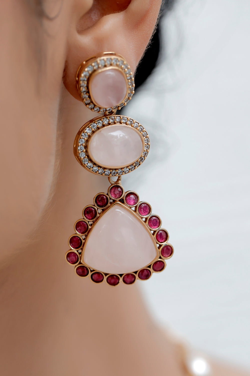 semi precious multi colour rose quarts, cubic zirconia and moissanite studded long necklace with drop earrings contemporary statement jewelry