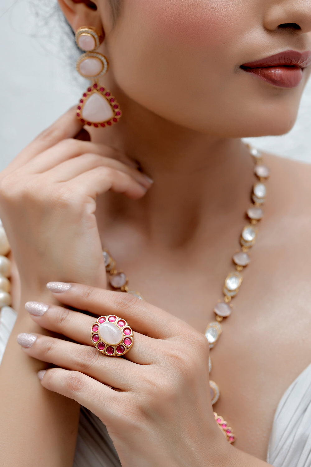 rose quarts pota ruby cocktail finger ring