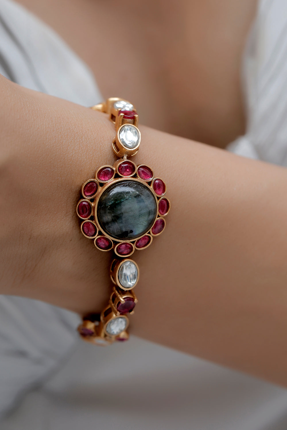 labradorite pota ruby moissanite link bracelet