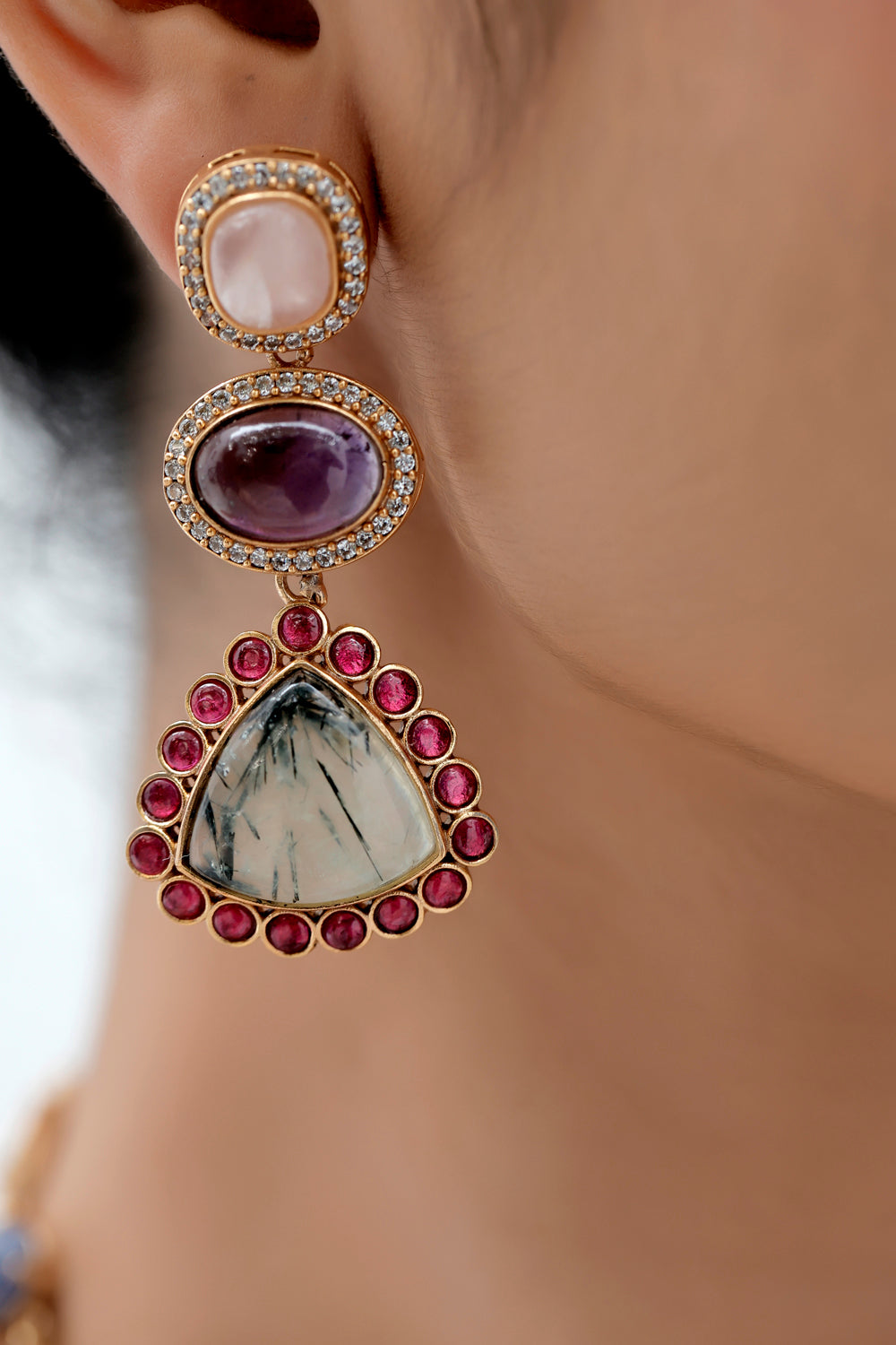 semi precious multi colour amethyst, rose quarts, turquoise, prehnite, labradorite, cubic zirconia and moissanite studded long necklace with drop earrings contemporary statement jewelry