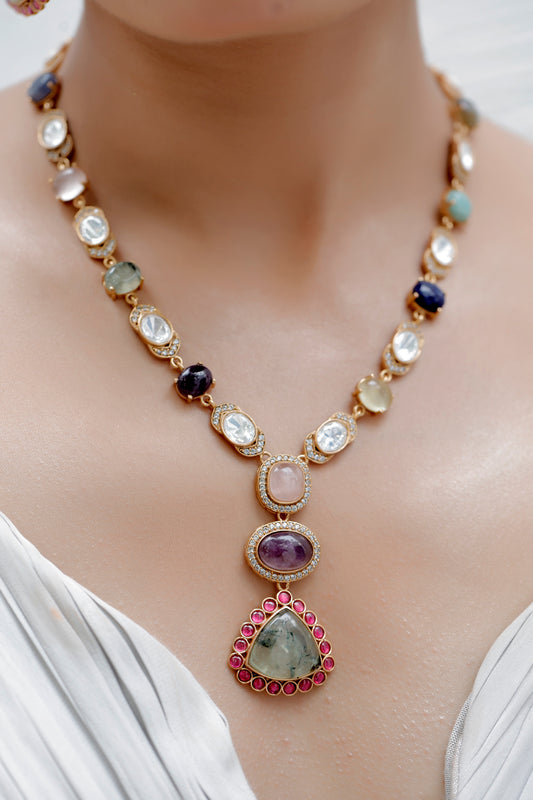 semi precious multi colour amethyst, rose quarts, turquoise, prehnite, labradorite, pota ruby, cubic zirconia and moissanite studded long necklace with drop earrings contemporary statement jewelry