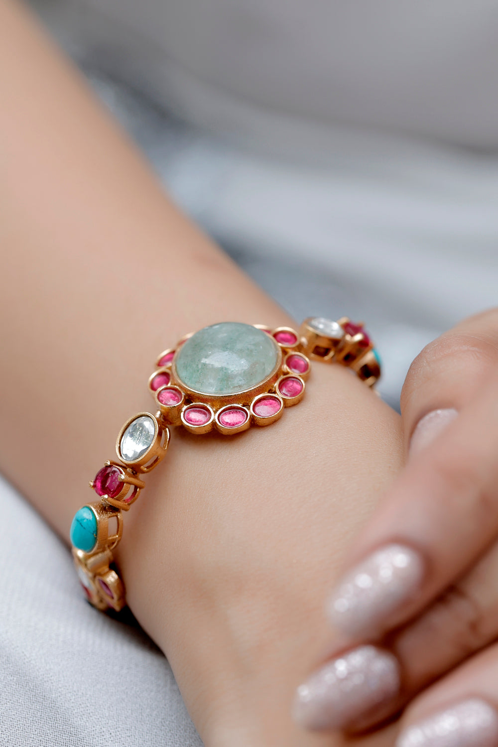 multi colour green aventurine, turquoise, pota ruby, semi precious stone link tennis bracelet