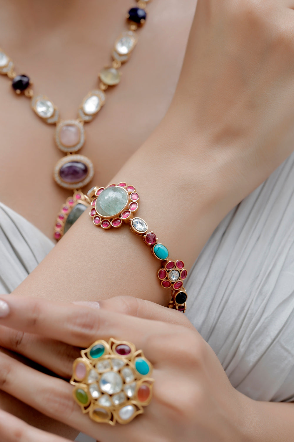 multi colour green aventurine, turquoise, pota ruby, semi precious stone link tennis bracelet