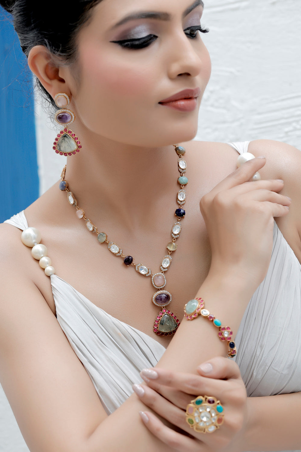 multi colour green aventurine, turquoise, pota ruby, semi precious stone link tennis bracelet