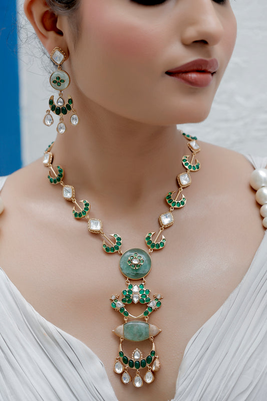 Green aventurine moissanite long necklace set