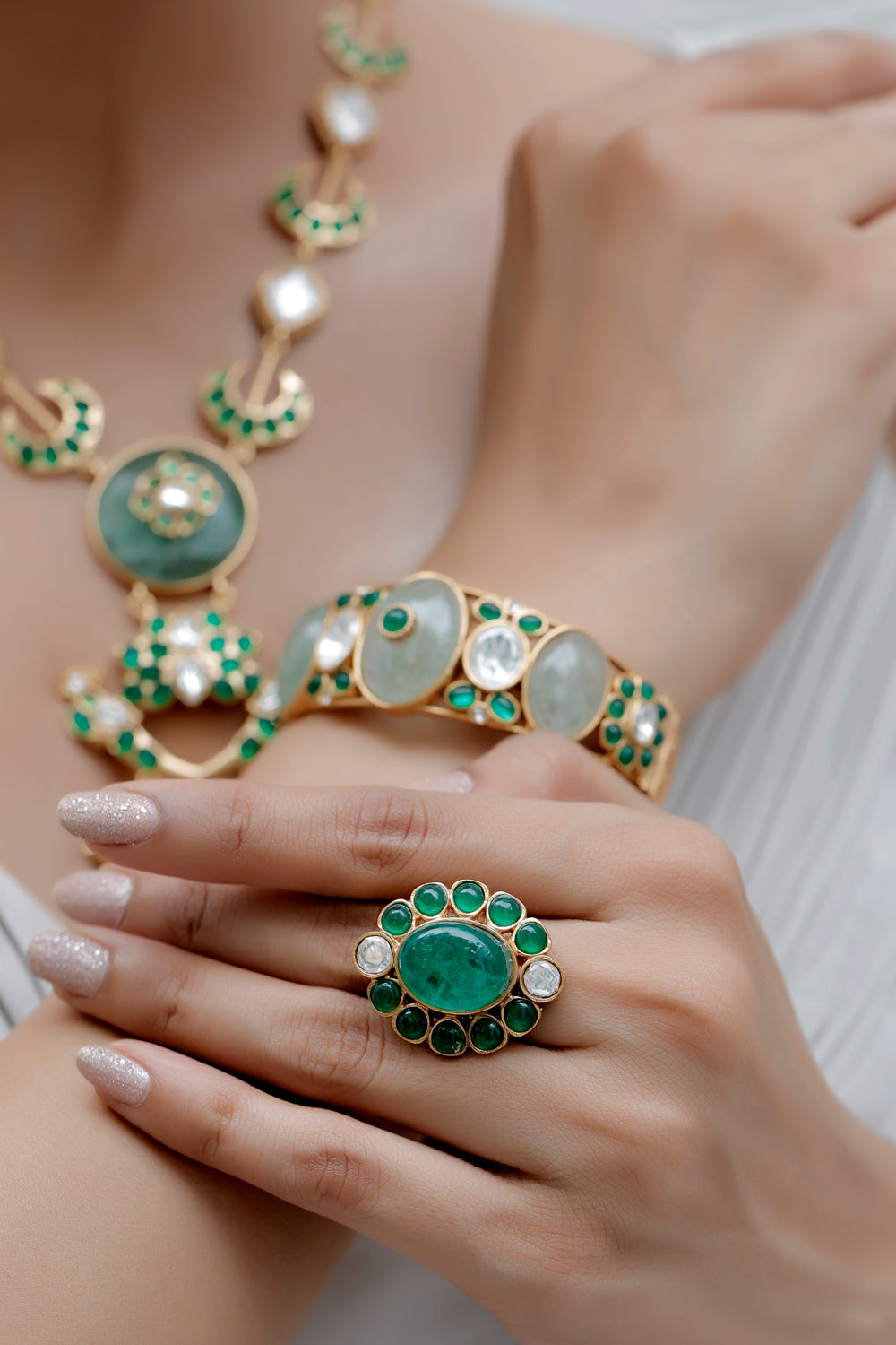 green semi precious stone moissonite tyaani inspired cocktail finger ring adjustable