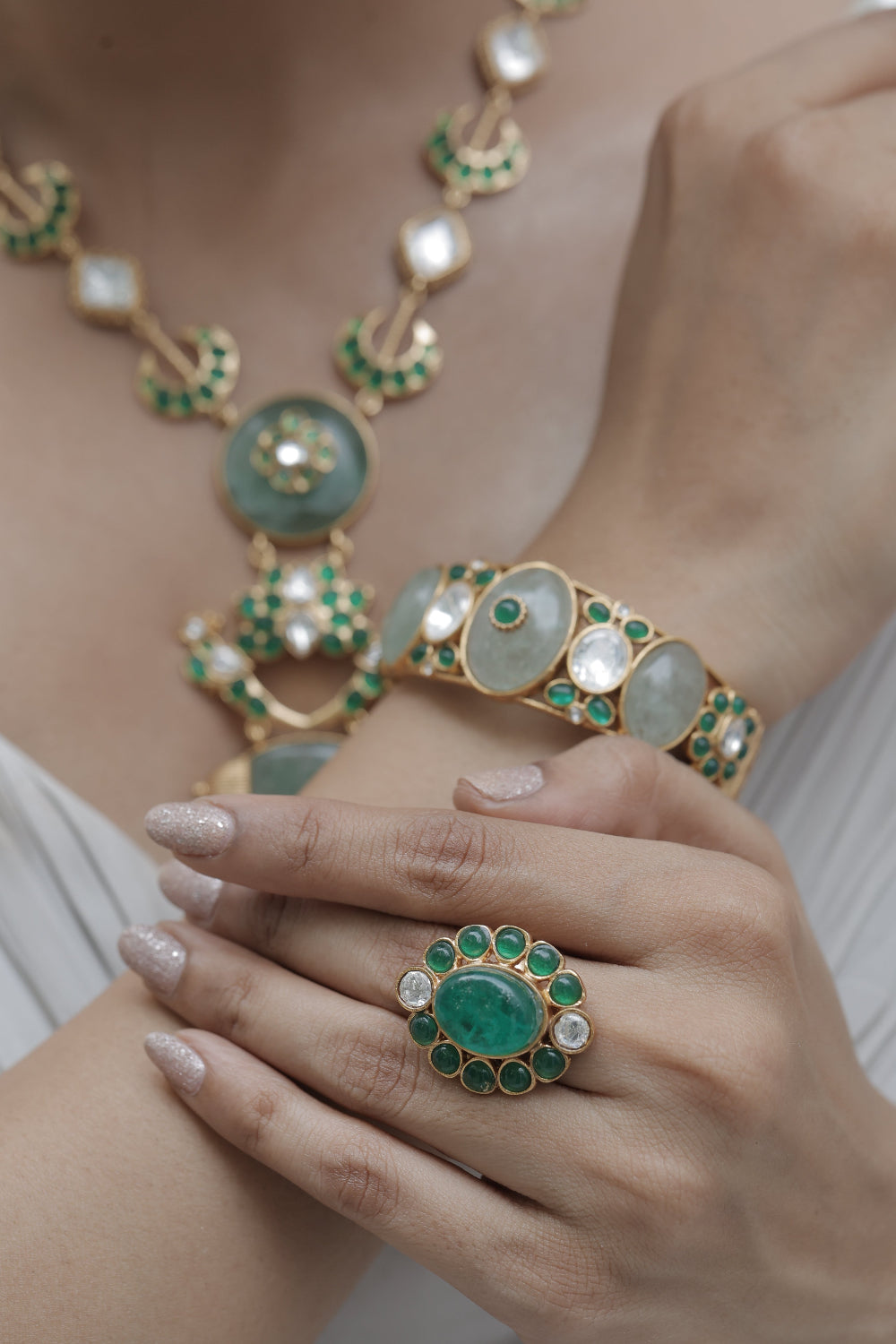 green semi precious stone moissonite tyaani inspired cocktail finger ring adjustable