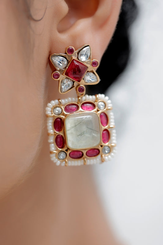 prehnite, pota ruby and moissanite medium sized necklace with drop earrings