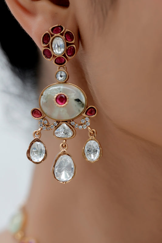 semi precious stone phrenite, cubic zirconia, pota ruby, moissanite polki kundan tyaani inspired long necklace with drop earrings