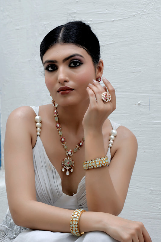 semi precious stone phrenite, cubic zirconia, pota ruby, moissanite polki kundan tyaani inspired long necklace with drop earrings, mint bangles and ruby kundan finger rings complete royal look