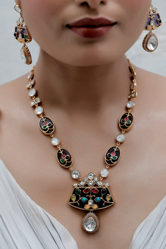 wine stone inlay moissanite cubic zirconia long necklace with multistone inlay work