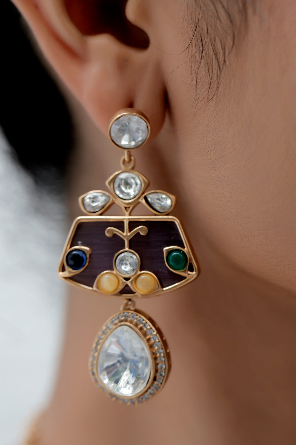 matte gold wine stone with holdali work moissanite polki real look alike with cubic zirconia long necklace with drop earrings