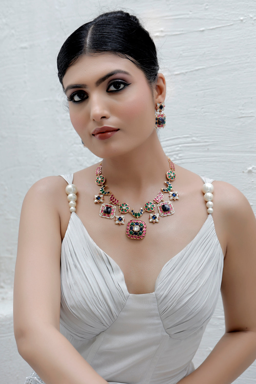semi precious lapis lazuli sodalite with green and pota ruby kundans in matte gold polish unique middle length necklace with drop earrings