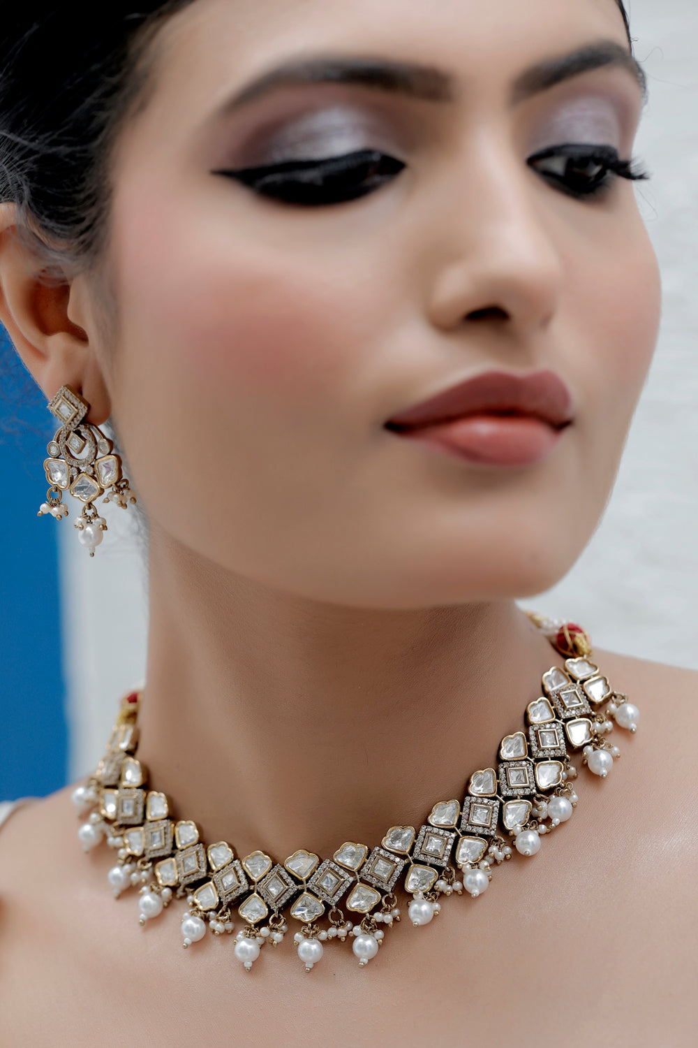 moissanite kundan Cubic Zirconia choker necklace with dainty drop earrings victorian polish