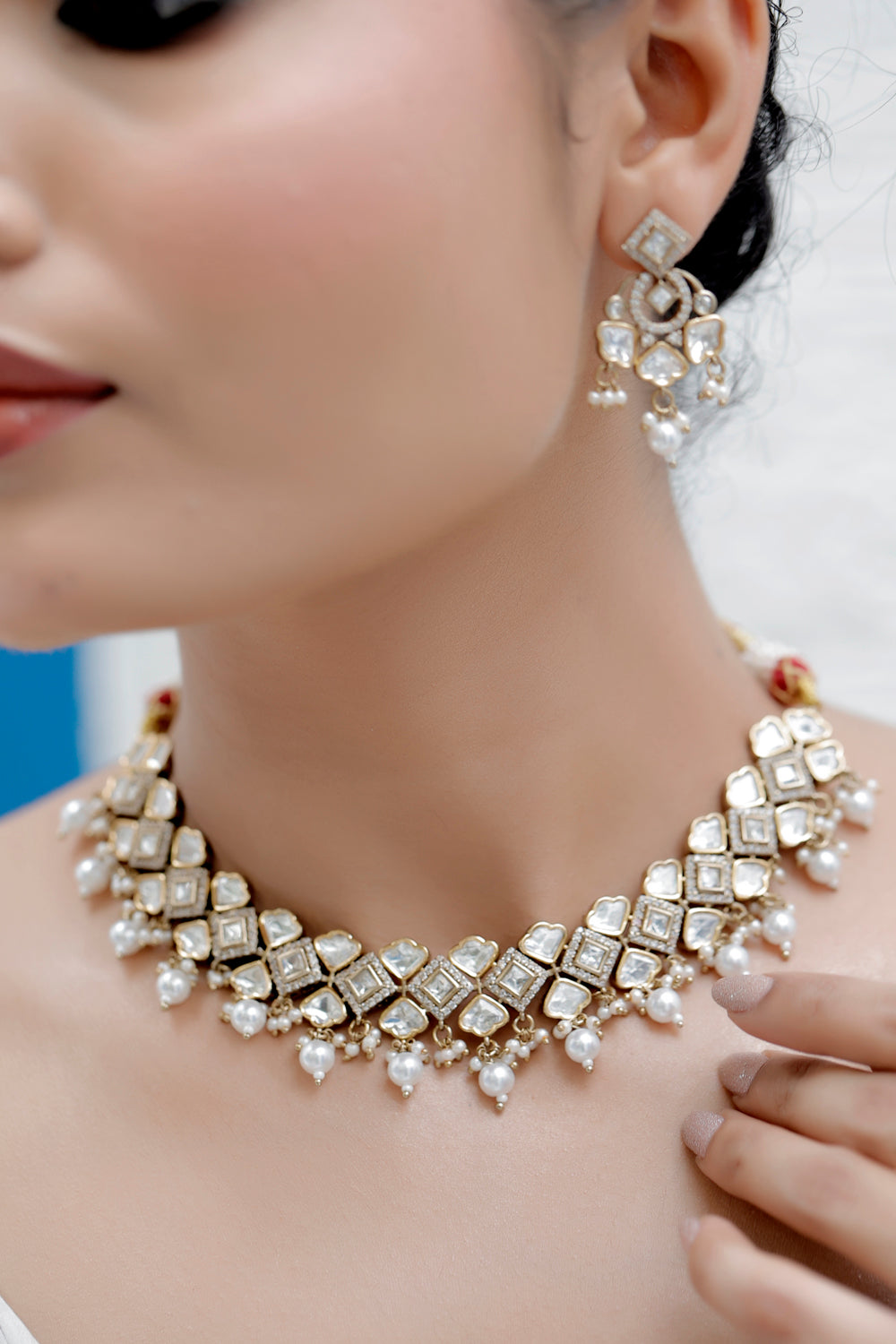 moissanite kundan Cubic Zirconia choker necklace with dainty drop earrings
