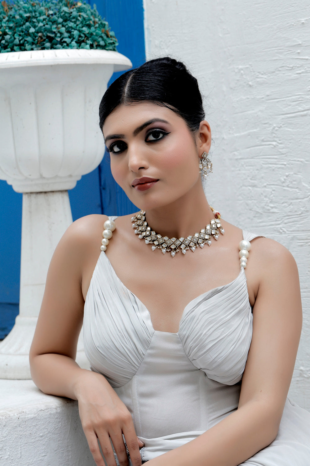 moissanite kundan Cubic Zirconia choker necklace with dainty drop earrings victorian polish