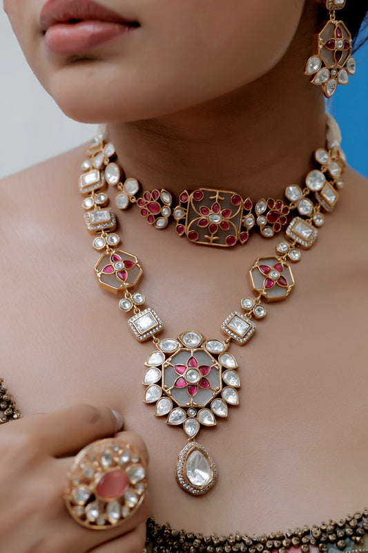 moissanite kundan big pendant with cz and pota ruby studded on white stone long necklace with drop earrings, inlay, holdali, ruby white