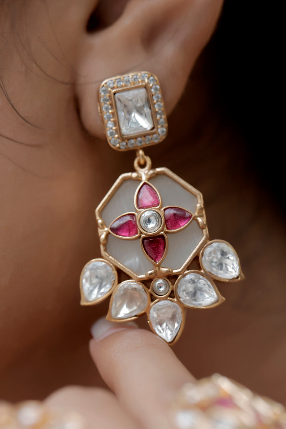 moissanite kundan big pendant with cz and pota ruby studded on white stone long necklace with drop earrings, inlay, holdali, ruby white