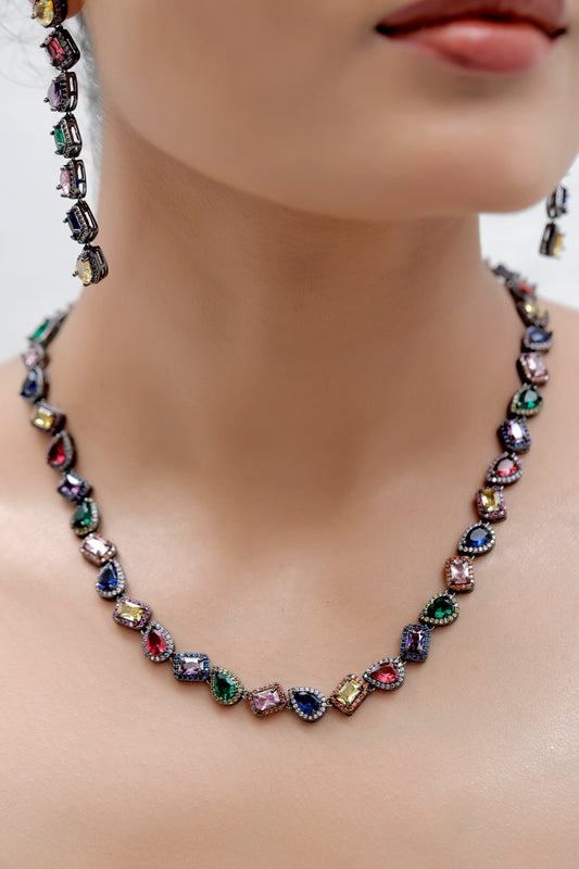 Necklace earrings with multicolored gemstones and black polish