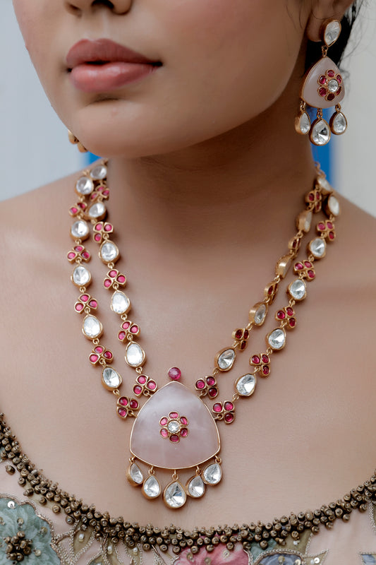 big size rose quartz pendant with inlay pota ruby and moissanite hanging on pendant and double layer kundan pieces mala with big semi precious stone drop earrings bridal choker pastel colours