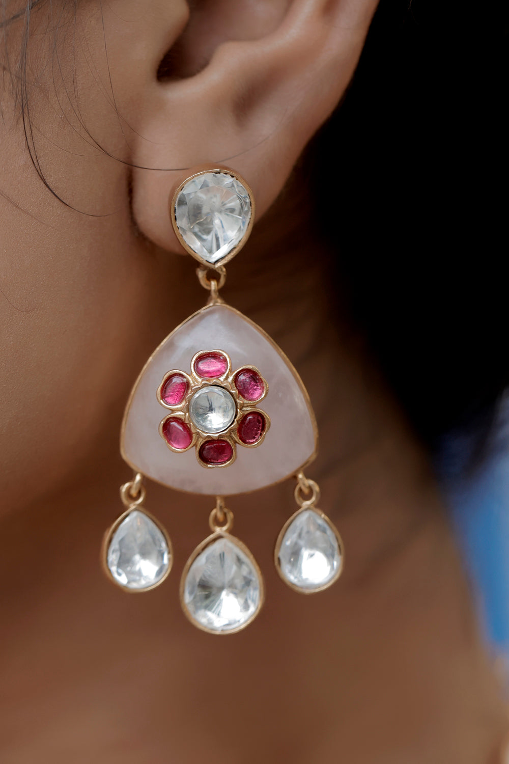 big size rose quartz pendant with inlay pota ruby and moissanite hanging on pendant and double layer kundan pieces mala with big semi precious stone drop earrings bridal choker pastel colours