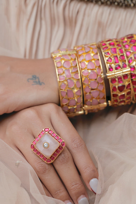 rose quarts semi precious stonepota ruby fingerring adjustable