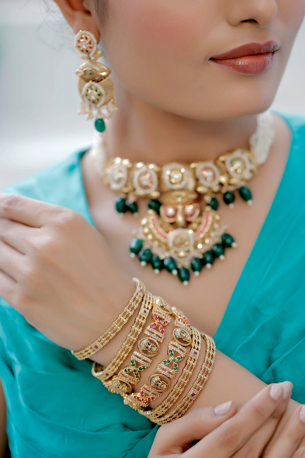 temple raj wadi matte gold antique gold goddess lakshmi zirconia bangle set