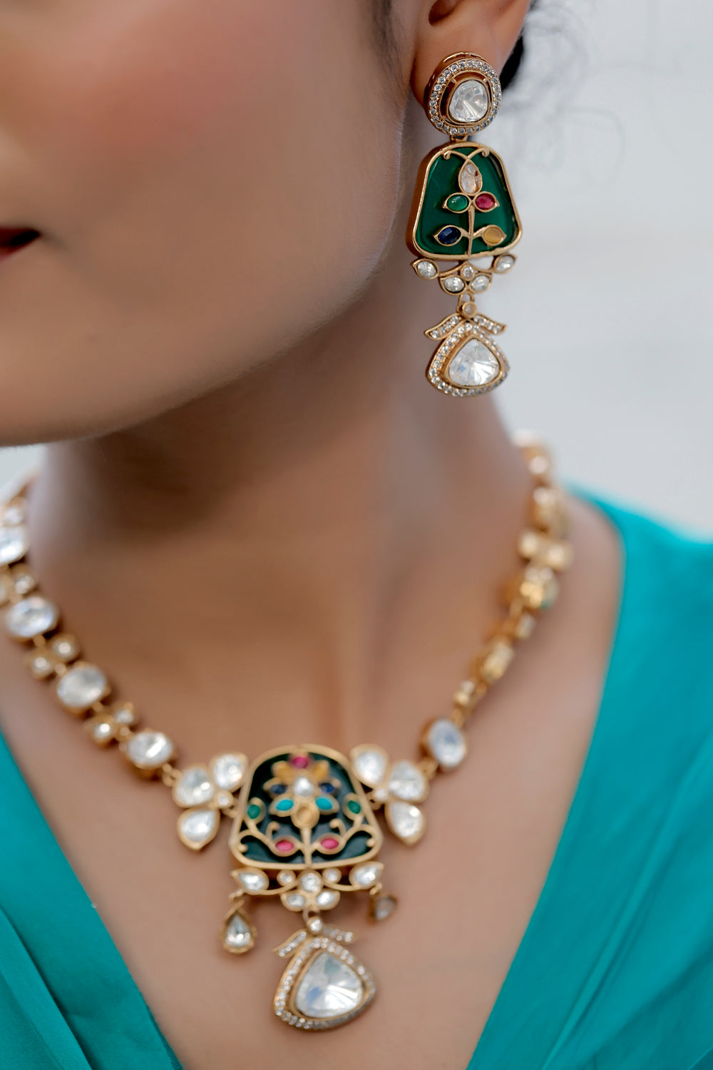 inlay work moissonite kundan zirconia long indian necklace indian bridal jewellery