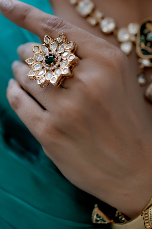 mossanite gold cz kundan fingerring tyaani inspired