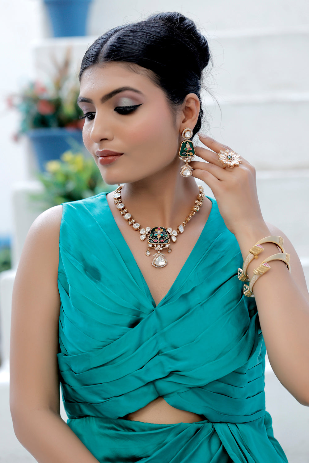inlay work moissonite kundan zirconia long indian necklace indian bridal jewellery