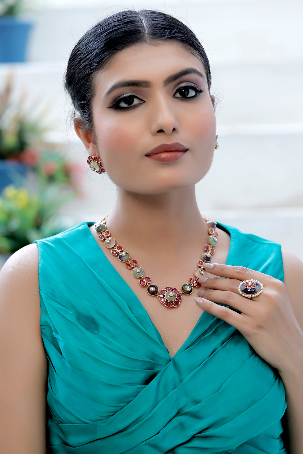 multi stone necklace earrings