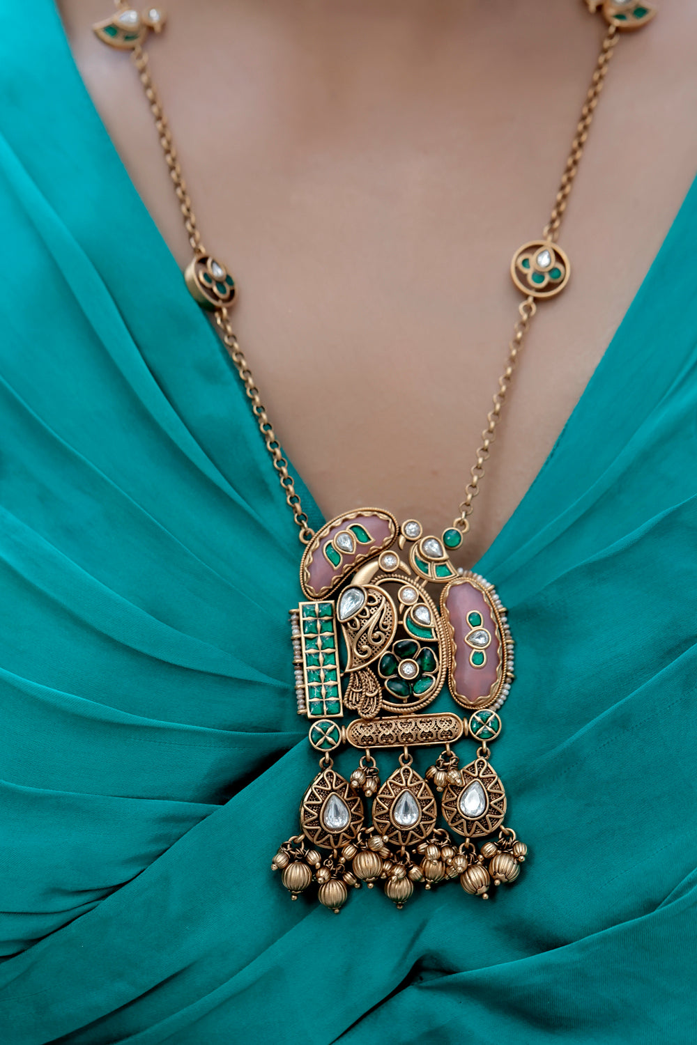 antique finish matte gold heritage holdali stone long necklace earrings set